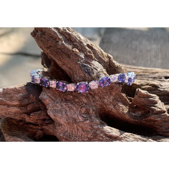 Sterling Silver Tanzanite and Simulated White Diamond Tennis Bracelet - Picture 1 of 6